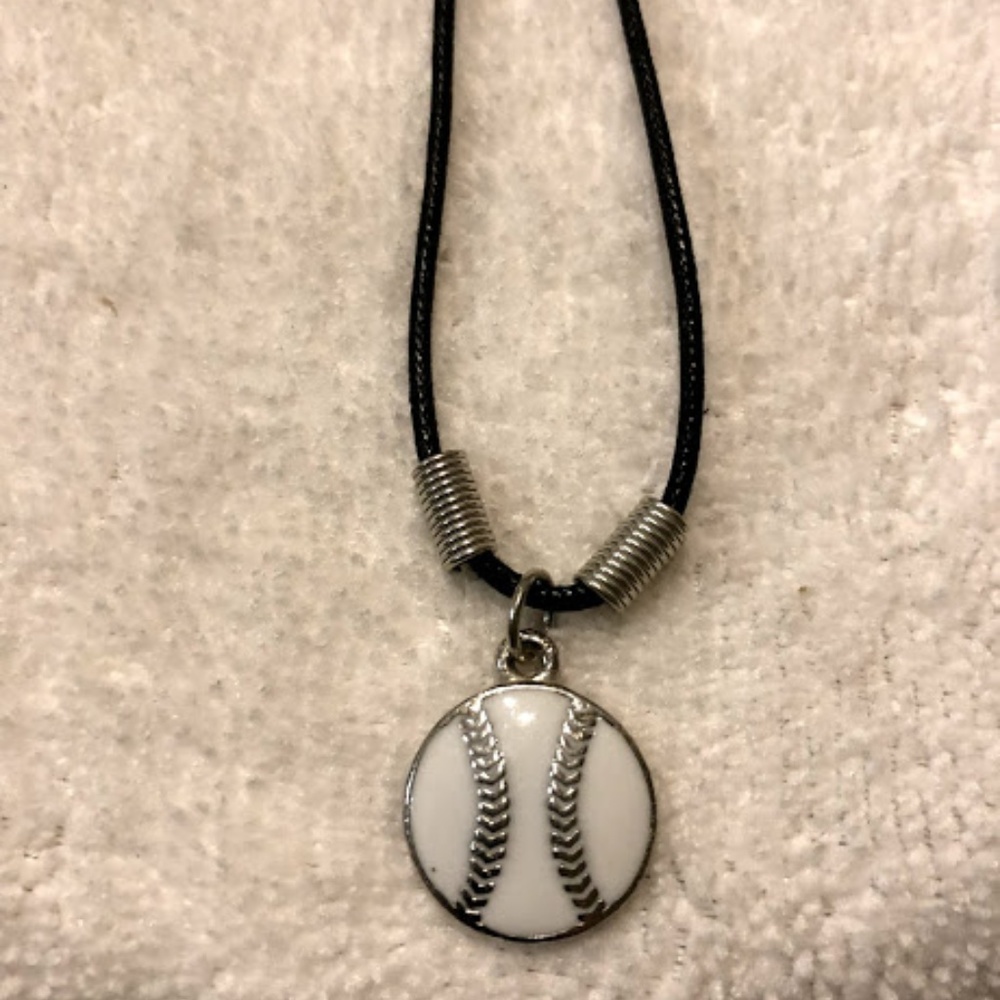 Baseball Pendant on Black Cord Necklace